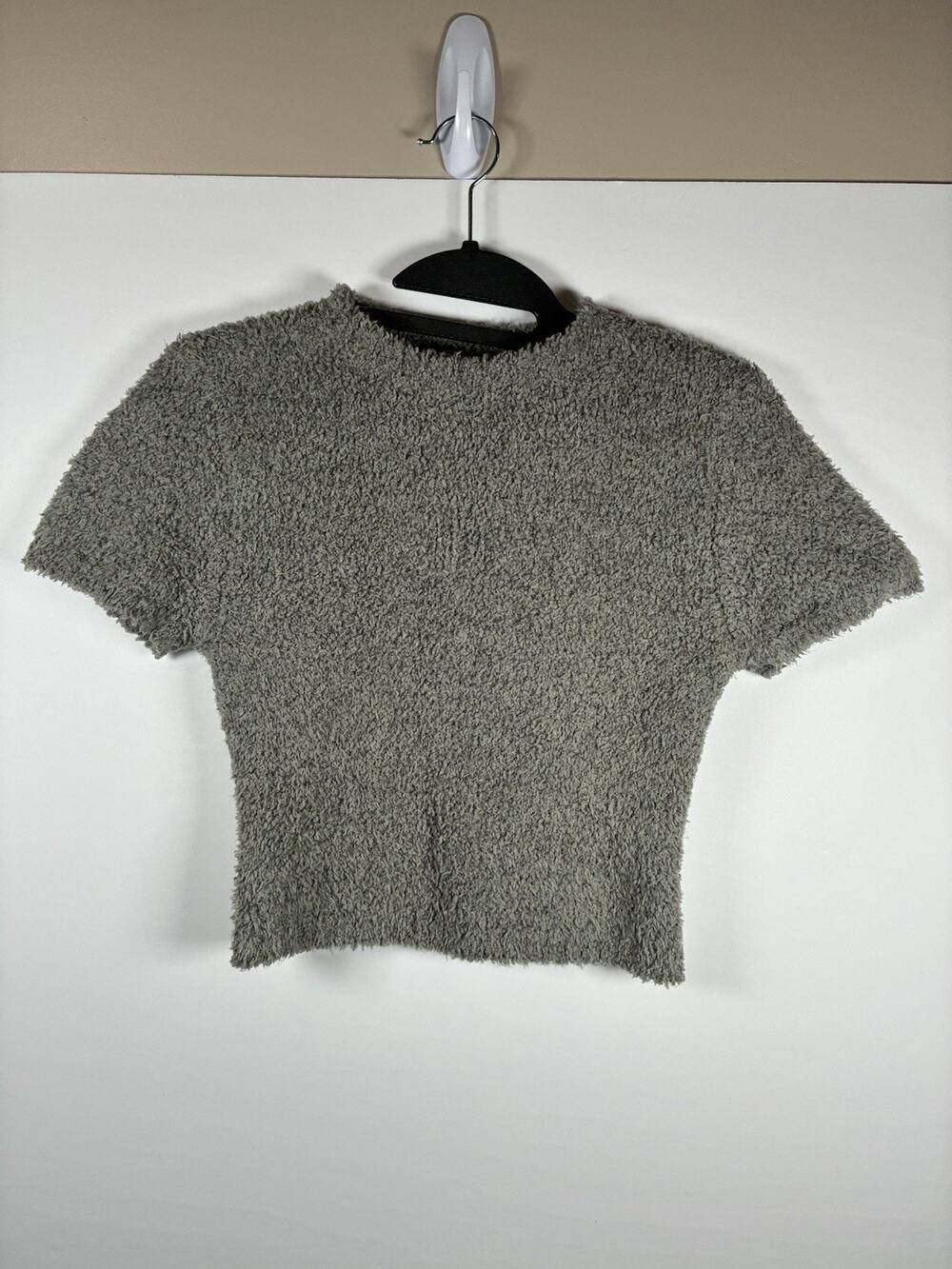 Skims S/M Cozy Knit Boucle Crop Tee Sage Green Fuzzy Short Sleeve Lounge Top